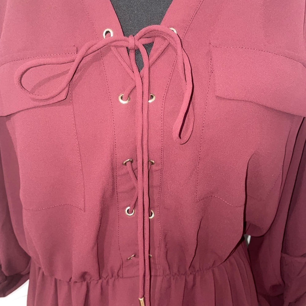Ever New - Maroon Front Tie Adjustable Sleeve Midi Dress - Size 12 - Picture 4 of 4